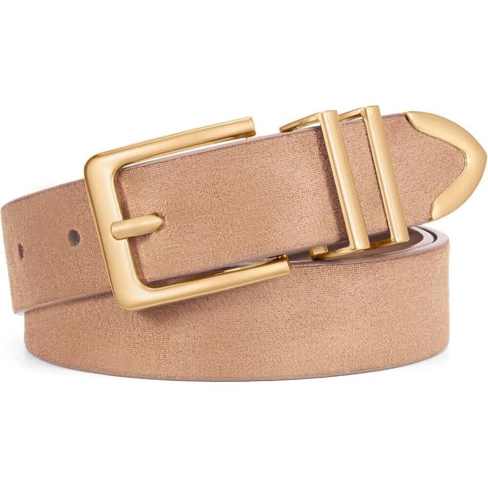 Women Suede Belt Tan Gold Buckle Casual Waist Accessory for Jeans Pants